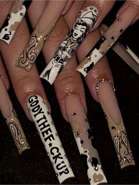 Cowgirl Graphic Long Stiletto Press-On Nails — Nude, White & Black Cow Print